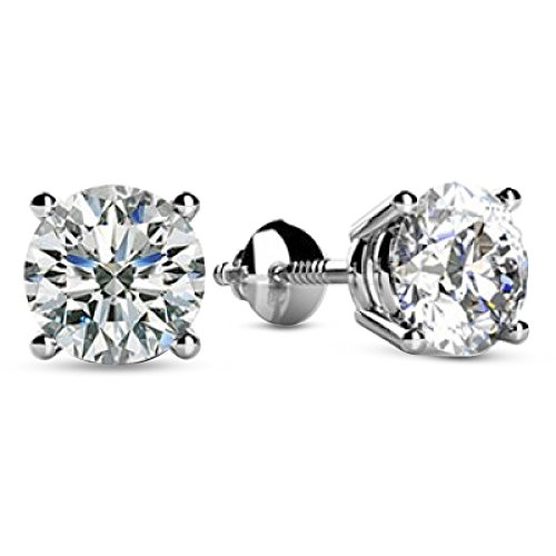 Houston Diamond District 1 Carat 14K White Gold IGI Certified LAB-GROWN Round Cut Diamond Earrings 4 Prong Screw Back (G-H Color, VS1-VS2 Clarity)