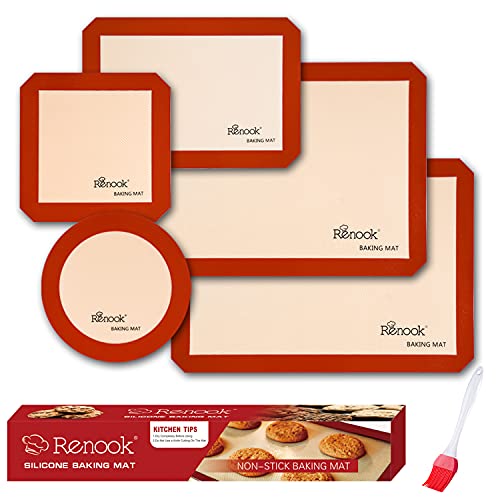 RENOOK Silicone Baking Mats Set of 5, BPA-free grade food baking mat, 100% Non-Stick Reusable Food Safe Liners & Silicone Brush- Macaron, Pastry, Cookie.