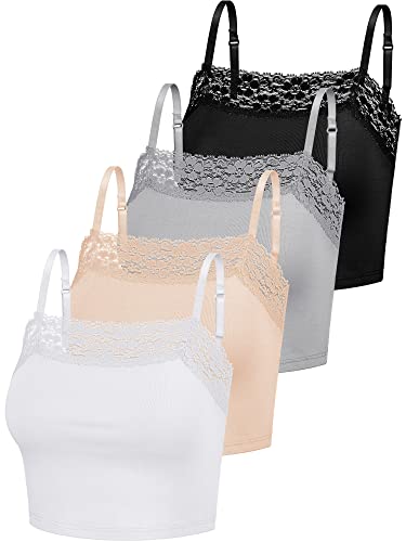 4 Pcs Women's Lace Camisole Spaghetti Strap Lace Bralettes Crop Tops Half Cami Top Lace Bandeau Tank Tops for Women Girls (Black, Gray, Beige, White, Large)