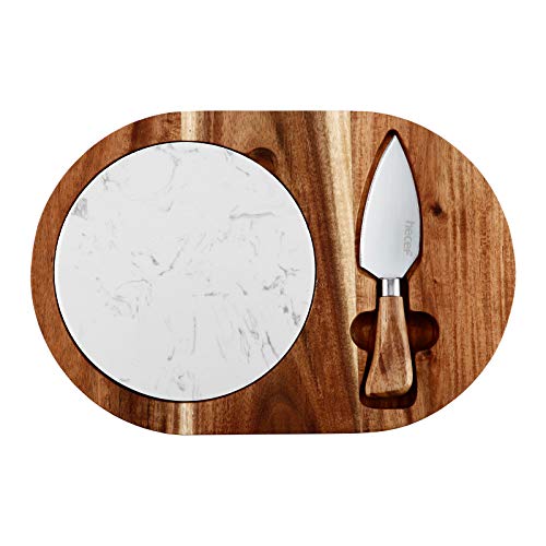 hecef Oval Wooden Cheese Board Set, Acacia Wood Cheese Serving Board with White Marble, Cheese Knife Charcuterie Platter Cheese Serving Tray for Cheese Cake Appetizers, Housewarming Gift, Mothers Day