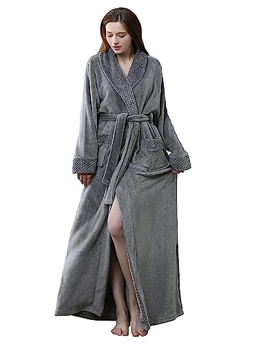 Artfasion Women's Long Flannel Bathrobe Ultra Soft Plush Microfiber Fleece Robes,Gray,Large/X-Large