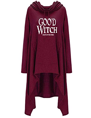 Rfecccy Women's Good Witch Tunic Casual Long Sleeve Pullover Irregular Hem Hoodies Red