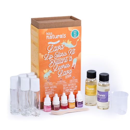 Kiss Naturals - Lava Lip Gloss Kit - With Organic Castor Oil, Safflower Oil, Coconut Oil - STEM DIY Science Kit - Make 6 Lip Gloss - 2 Natural Flavors - Birthday, Holiday, Party Gift for Girls