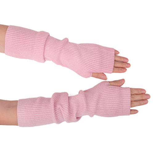 F Flammi Cashmere Blended Arm Warmer Winter Fingerless Gloves Knit Mitten Gloves Wrist Warmer with Thumb Hole for Women (Pink)