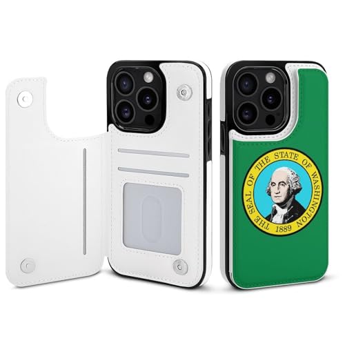 Washington State Flag Leather Flip Phone Case Compatible with iPhone 15 Pro Protective Shell Trendy Design