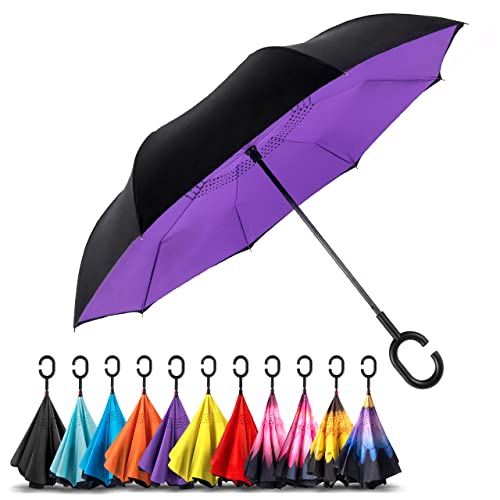 EEZ-Y Reverse Umbrella - Large, Inverted Umbrellas for Rain w/C-Shaped Non-Rust Handle for Men & Women, Windproof & Water Resistant - Purple