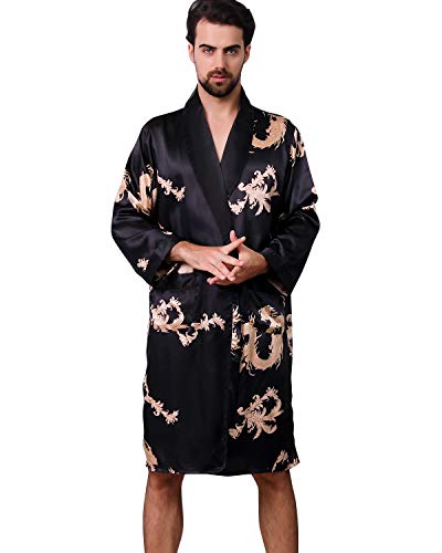 Haseil Men's Satin Robe Dragon Luxurious Silk Spa Long Sleeve House Kimono Bathrobe, Black1, Tagsize5XL=Ussize3XL