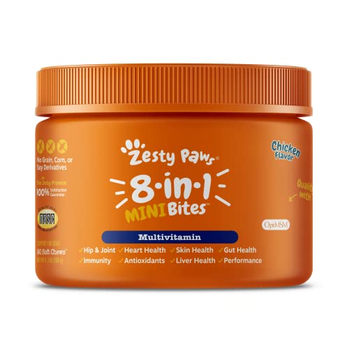 Zesty Paws 8-in-1 Multivitamin Mini Soft Chews for Small Dogs – Glucosamine & Chondroitin for Hip & Joint Health - Omega 3 Fish Oil for Skin - Gut, Immune, Heart, Kidney & Liver Support – 90 Count