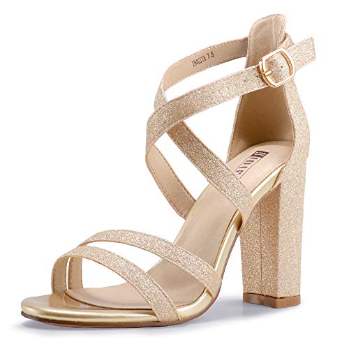 IDIFU Women's Chunky Heel Sandal Strappy Open Toe Ankle Strap Dress Shoes for Women Bridesmaid Ladies in Wedding Evening Homecoming Prom (Gold Shiny, 8.5 M US)
