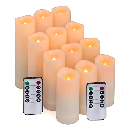 Aignis Flameless LED Candles with 10-Key Remote & Timer, Outdoor Indoor Waterproof Battery Operated Candles for Home/Wedding Décor, Exquisite Set of 12 (D 2.2' x H 4'/5'/6'/7')