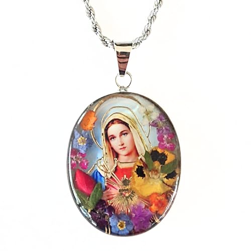 Virgin Mary Necklace Immaculate Heart Pendant 925 Sterling Silver with 20' Stainless Steel Chain Holy Family Medalla Virgen Maria Lady Guadalupe Medal Pressed Flower Catholic Religious Gift Jewelry