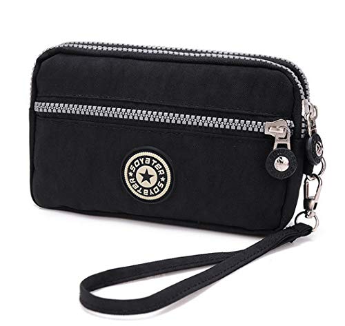 Women's Canvas Cell Phone Wristlets Bag Workout Phone Clutch Wallets Purse Zip Handbag for Samsung Galaxy S10 S9 S8 Plus Note 9 Note 8 LG V40 ThinQ Stylo 4 Motorola Moto G7 Fit with Case On(Black)