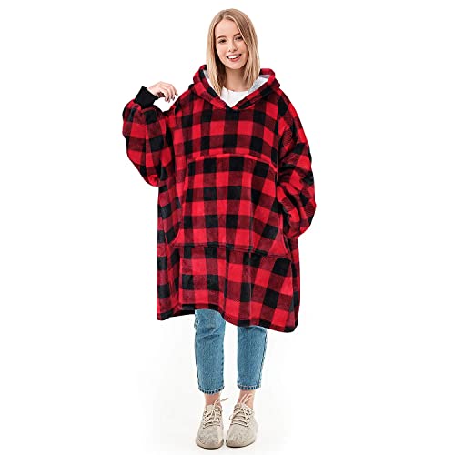 Solaris Red Plaid Wearable Blanket Hoodie with Large Pocket, Warm Super Soft Cozy Sherpa Sweatshirt Hoodie for Women Men, for Loves
