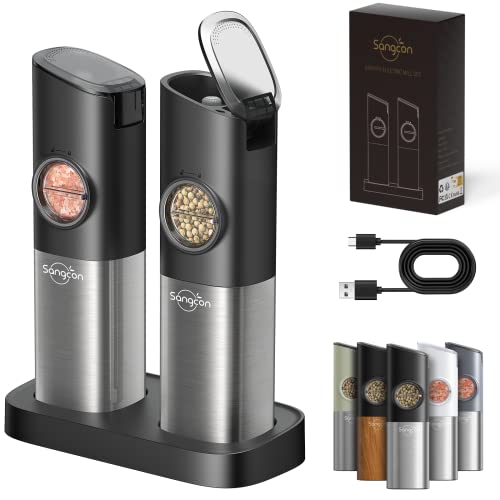 [Upgraded Larger Capacity] Sangcon Gravity Electric Salt and Pepper Grinder Set - USB Rechargeable With Dual Charging Base - Automatic One Hand Operation - Adjustable Coarseness & LED Light Refillable