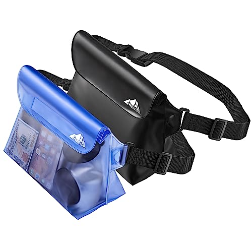HEETA 2-Pack Waterproof Pouch with Waist Strap, Transparent Screen Touchable Dry Bag with Adjustable Belt for Phone Valuables for Swimming Snorkeling Boating Fishing Kayaking (Blue & Black)