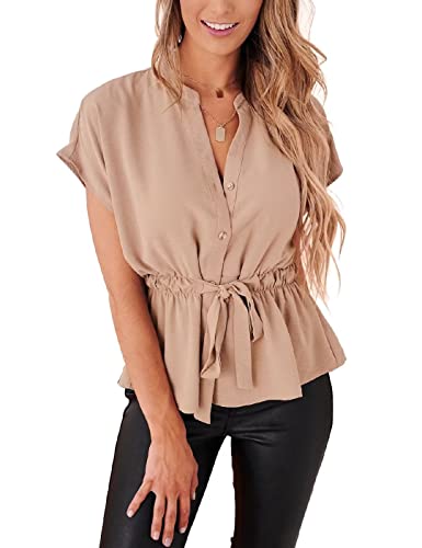 Womens Button Down Blouses Casual Peplum Summer Tops Dressy Chiffon Work Blouse Apricot
