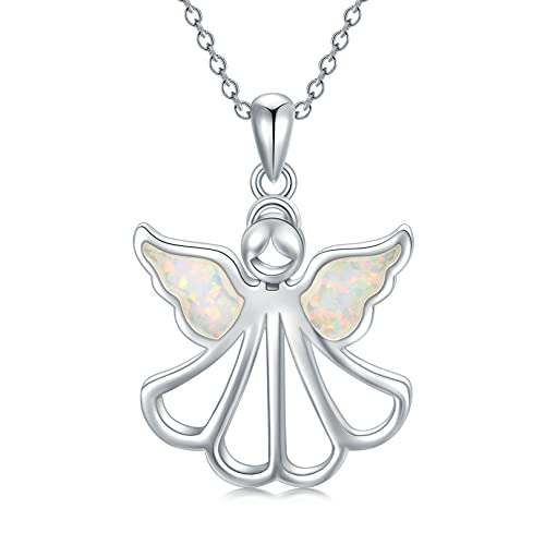 MEIDERBO Guardian Angel Necklace 925 Sterling Silver Opal Angel Wing Pendant Necklace Angel Jewelry Gifts for Girls Women