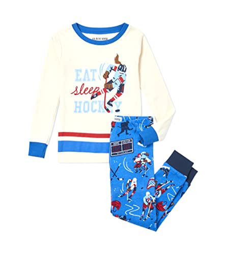 Little Blue House by Hatley unisex child Long Sleeve Appliqué Pajama Set, Eat Sleep Hockey - Cream, 4T US