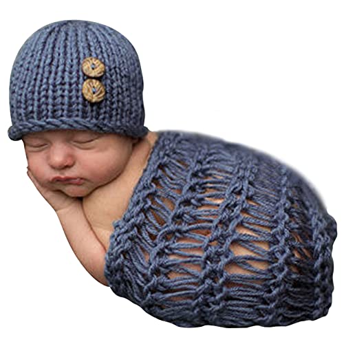 ISOCUTE Newborn Photography Wraps Boy Photoshoot Outfits Basket Props Baby First Picture Gifts Knit Swaddle Blanket and Hat