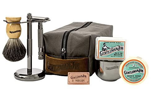 Gentleman Jon Safety Razor Shaving Kit | Classic Gifts for Dad Grooming Set for Men - Includes: Safety Razor, Hair Shaving Brush, Alum Block, Shave Soap, Bowl, Razor Blades, Shave Stand & Dopp Kit