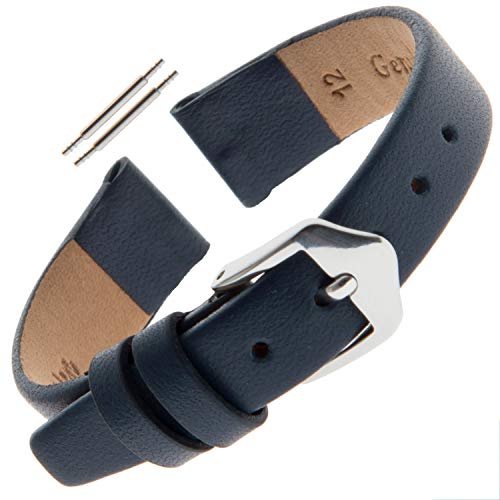 Gilden Ladies 10-14mm Classic Calfskin Fashion Color Flat Leather Watch Band F60-0712 (12mm, Standard, Navy Blue, Silver-Tone Buckle)
