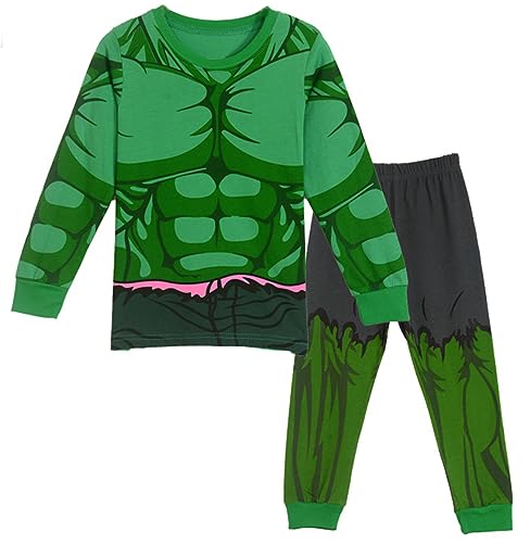 LEMONBABY Little Kids Boys Superhero Hulk Pajamas Sets Cotton Sleepwear Long Sleeves (7t, Green)