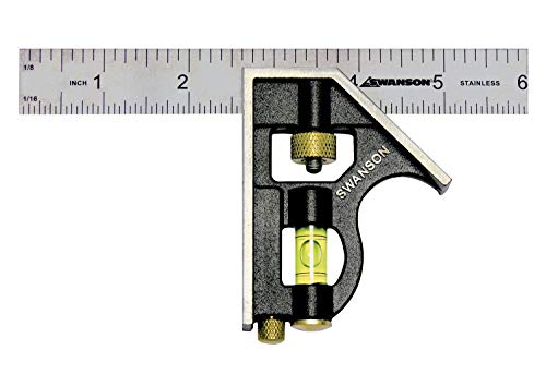 Swanson Tool Co TC130 6 inch Combo Square with Stainless Steel Rule, Cast Zinc Body with Bubble Vial, and Brass Bolt
