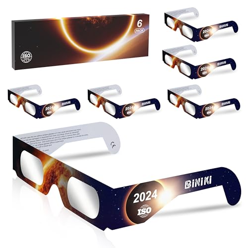 Biniki Solar Eclipse Glasses NASA Approved 2024 - CE & ISO Certified Safe Shades for Direct Sun Viewing for Solar Eclipse (6 Packs)