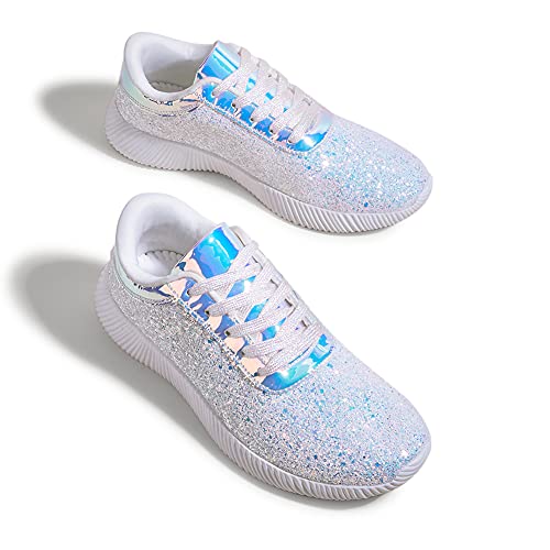 BELOS Women Shiny Glitter Sneakers Comfortable Stylish Shoes Lace up Bling Cute Shoes(8B(M) US, White)
