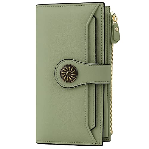 Travelambo Womens RFID Blocking Large Capacity Luxury Waxed Genuine Leather Clutch Wallet Multi Card Organizer (ReNapa Green Blooming)