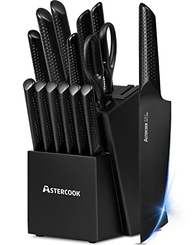 Astercook Knife Set, 15 Pieces Chef Kitchen Knife Set with Block, Built-in Knife Sharpener, German Stainless Steel Handle One-Piece Design Knife Block Set, Dishwasher Safe, Elegant Black