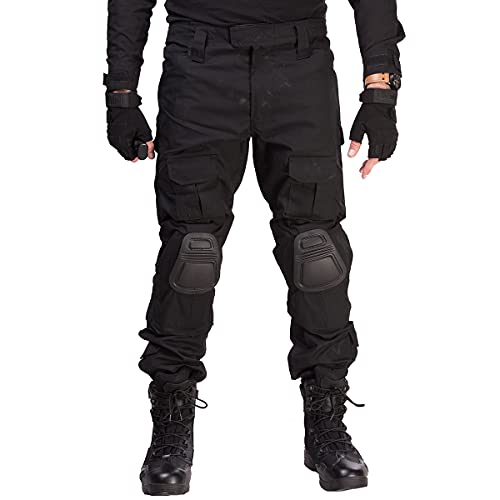 HAN·WILD Combat Pants Tactical Pant with Knee Pads Multicam Rip-Stop Trousers Airsoft Hunting Pants (Black, L)