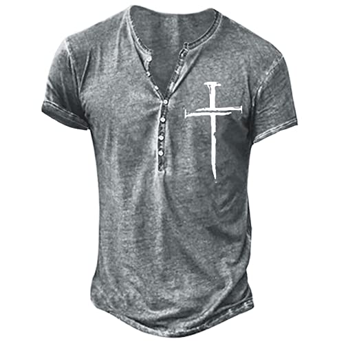 Men's Skull Graphic Loose T-Shirt Y2K Long Sleeve Henley Shirts Goth Quarter-Button Tops Vintage Streetwear