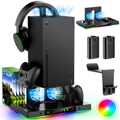Upgrade Cooling Fan & Dual Charging Stand for Xbox Series X Console & Controller,Cooler Charger Station System for Series X with 15 RGB Lights,2 x 1400mAh Rechargeable Battery,Disc Accessories Storage