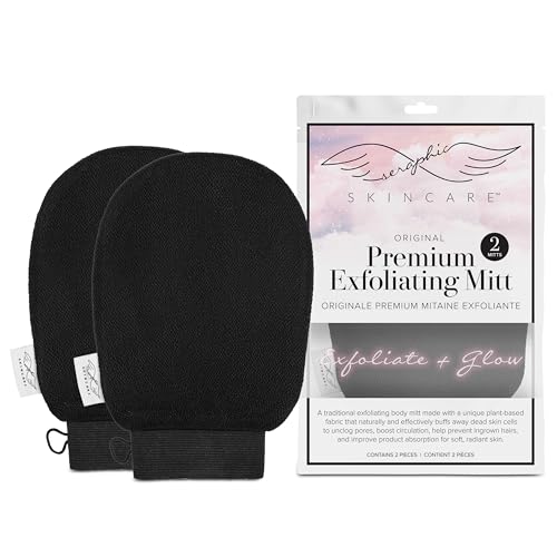 Seraphic Skincare (Original) Premium Exfoliating Mitt for Body (2pc) – 100% Vegan Viscose Traditional Body Scrub Glove Kessa Korean Washcloth – Body Exfoliator for Self-Tan Removal & Keratosis Pilaris
