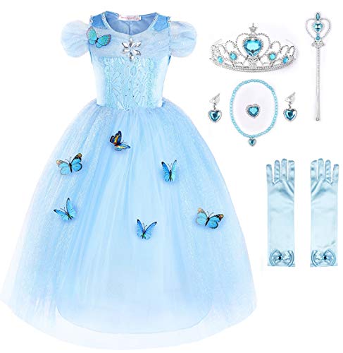 JerrisApparel Flower Girls Dress Princess Costume Butterfly Girl (2 Years, Sky Blue with Accessories)