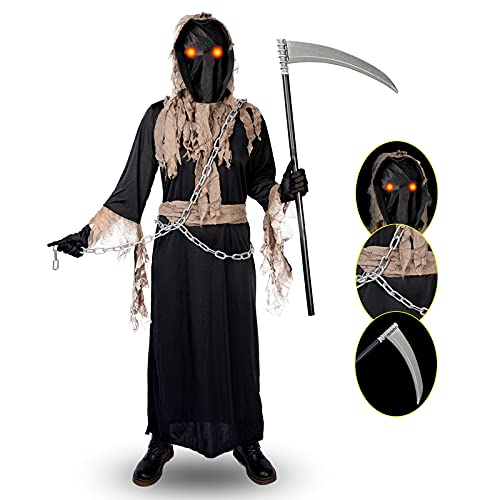 Grim Reaper Costume for Kids,Deluxe Halloween Costume with Glowing Red Eyes,Chain,Scythe Included