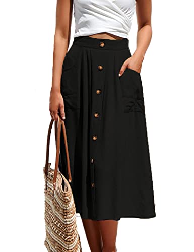 Naggoo Women's Black Skirt Work Summer High Waist Flowy Button Weekend Solid Midi Skirts M