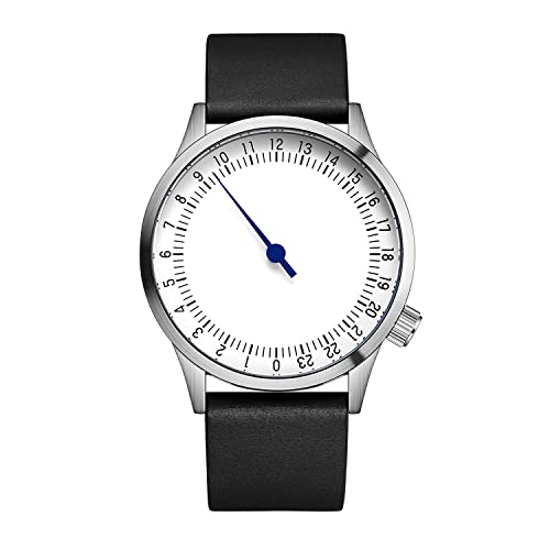 JIANDUN Swiss Movement Men's One Hand 24 Hour Watch Single Hand Black Case with Italian Leather Strap(Silver-Black)