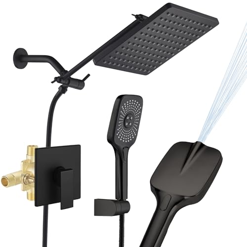 SUNZOE Shower Faucet Set Matte Black Rough-in Anti-Scald Pressure Balanced Valve Body Modern Luxury Wall Mounted 10 Inch Rain Mixer Shower System (Matte Black)