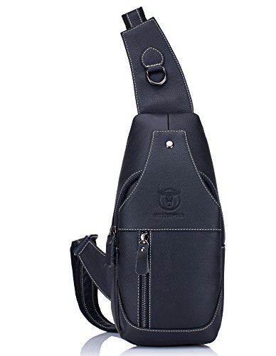 BULLCAPTAIN Genuine Leather Men Bags Shoulder Sling Crossbody Bag Casual Mens Chest Bag Travel Hiking Backpack (Black)