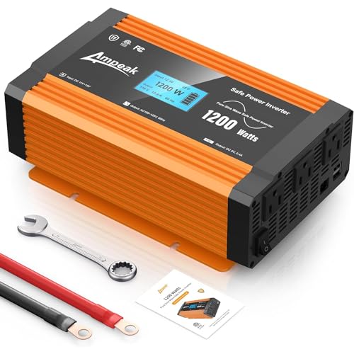 Ampeak 1200W Pure Sine Wave Inverter 17 Protections Power Inverter DC 12V to AC 120V 4.8A USB Ports 3AC Outlets for Hurricanes, Power Outages-ETL Certified