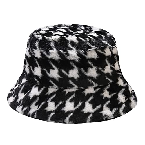 Dirholl Women's Winter Faux Fur Fuzzy Warm Bucket Hat Houndstooth Black