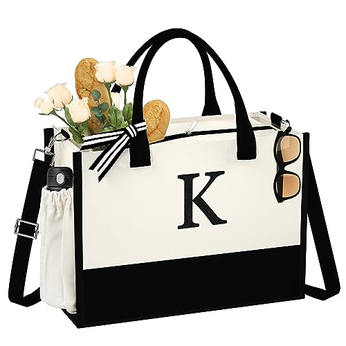 Initial Canvas Tote Bag Work Tote Bags Gifts for Women 16oz Canvas Bag with Shoulder Strap & Zipper Inner & Side Pocket Monogrammed Initial Bag Tote Bags for Teacher Bride Friend Wedding Bag Letter K