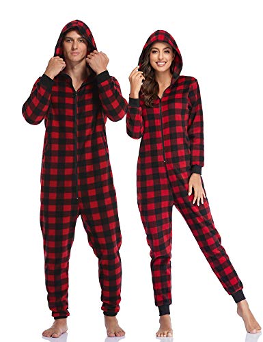 COLORFULLEAF Couples Matching Christmas Pajamas Hoodie Plaid Fleece Onesie Full Zipper Jumpsuits with Pocket(Mens, M)