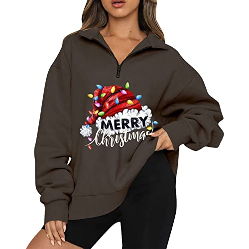 cyber deals monday Womens Merry Christmas Sweatshirts Santa Hat Graphic 1/4 Zip Pullover Sweatshirts Long Sleeve Fleece Pullover Tops pregnant christmas shirt Brown XL