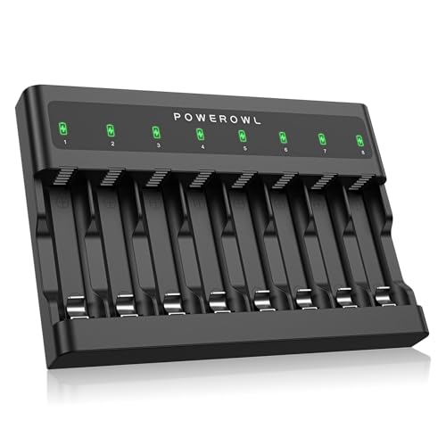 POWEROWL AA AAA Battery Charger 8 Bay, Independent Slot, USB Fast Charging for Ni-MH Ni-CD Rechargeable Batteries