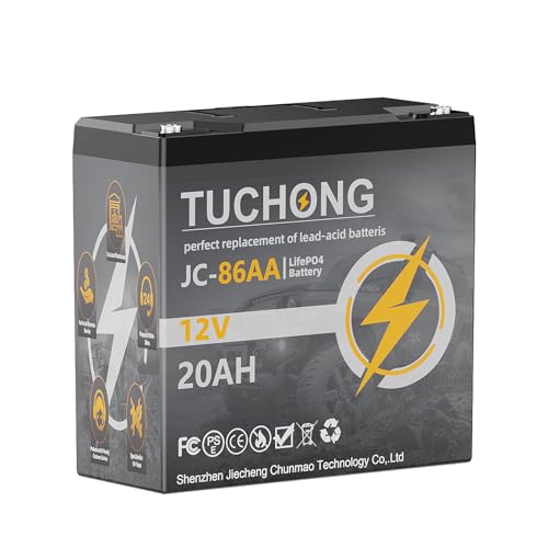 TUCHONG Lithium Battery, 12V 20Ah LiFePO4 Battery, Up to 5000+ Deep Cycle and 22-Year Lifetime Lithium Iron Phosphate Rechargeable Batteries with BMS for Small UPS, Solar Power, Scooters (12V 20AH)