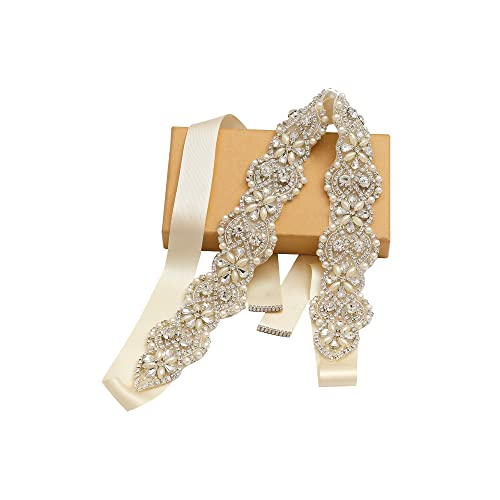 yanstar Wedding Bridal Belts In Silver Gold Rhinestone Crystal Pearl With Ivory Sash For Wedding Dress Prom Gown-17.7In1.6