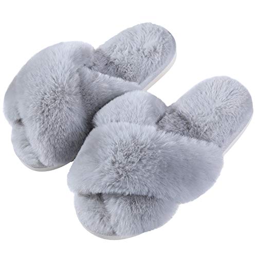 Evshine Women's Fuzzy Slippers Cross Band Memory Foam House Slippers Open Toe, Grey, 42-43 (Size 10-11)